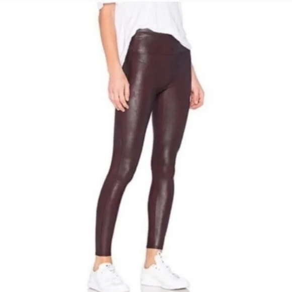 Spanx Leggings Womens SP Brown Metallic Faux Leather Pants Shiny Stretch Bodycon - Picture 1 of 7